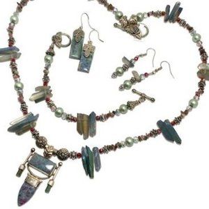 Handmade Jewelry Set by Surdigirl - Ruby in Fuchsite, Tourmaline, Crystal, Pearl